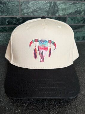New Cream and Black Trucker Hat with Colorful Skull Patch